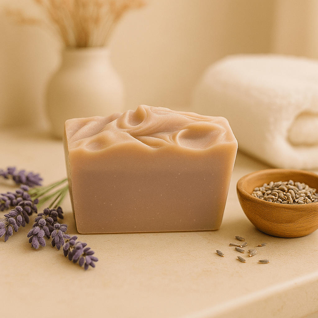 Lavender Vanilla Bar Soap - Soap Boutique on a marble surface with lavender and wooden bowl.