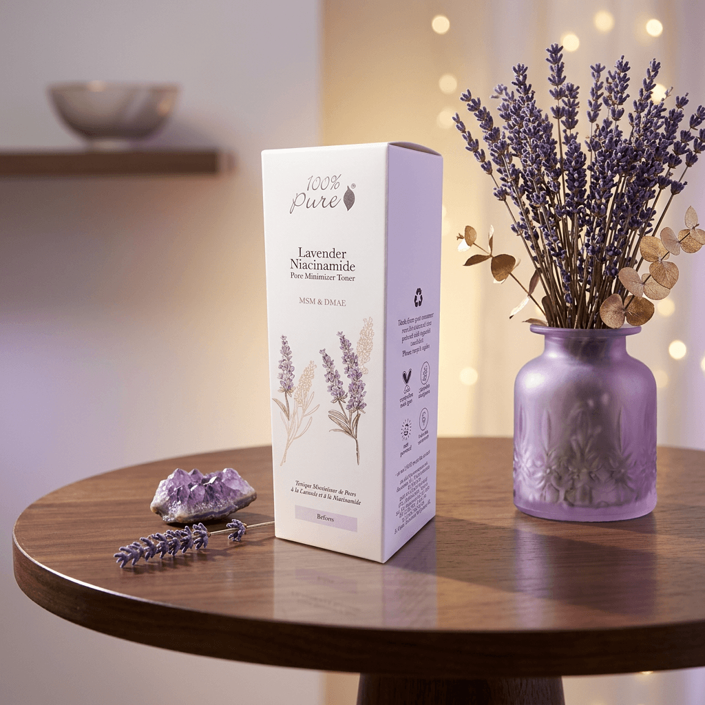 Lavender product packaging on a wooden table with a vase of lavender flowers.