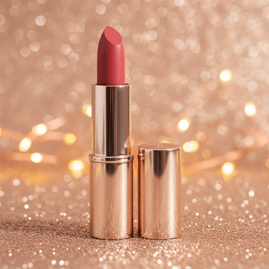 Red lipstick with gold case on a glittery background