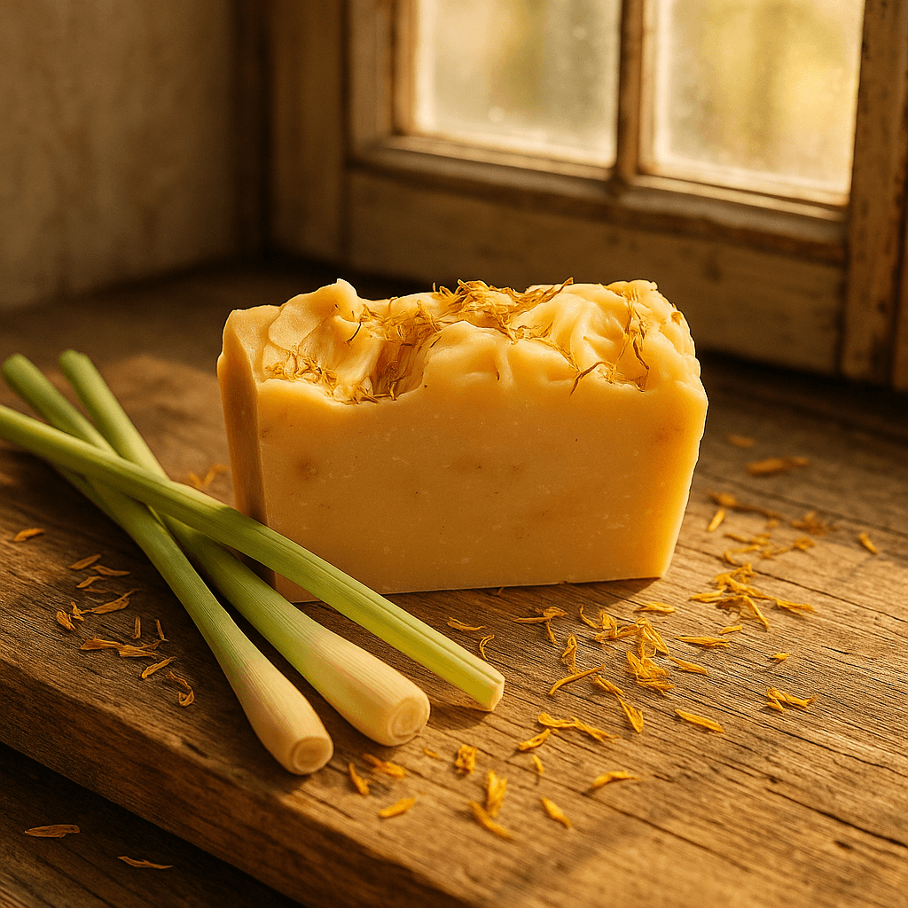 Lemongrass Calendula Soap Bar - Soap Boutique with lemongrass stalks and calendula petals on wooden surface.