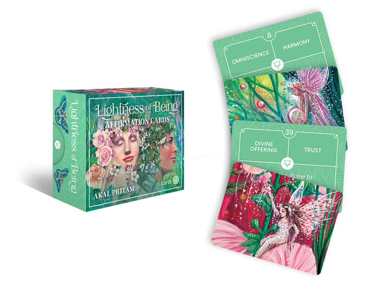 Lightness of Being Card Deck box with two cards showcasing themes of harmony and trust.