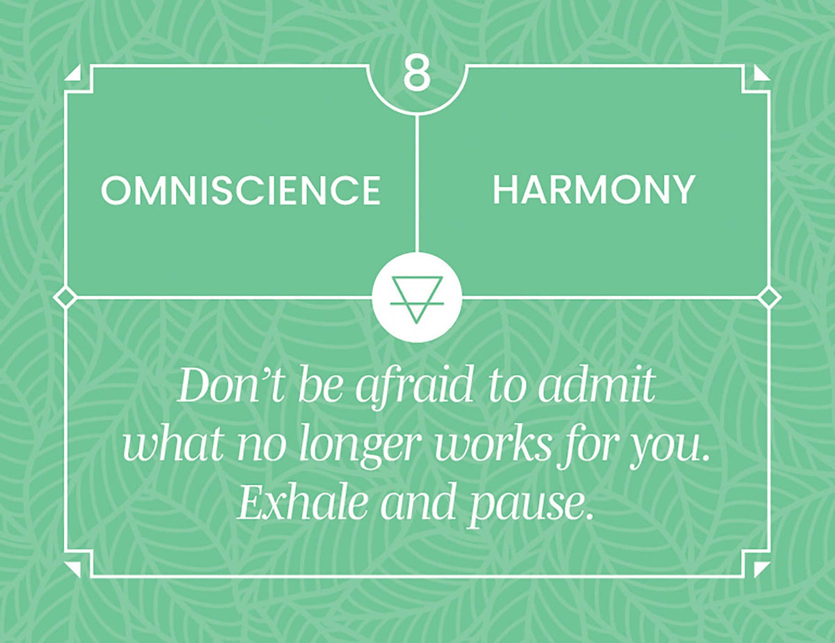 Lightness of Being Card Deck card featuring 'Omniscience' and 'Harmony' with a reflective quote about letting go.
