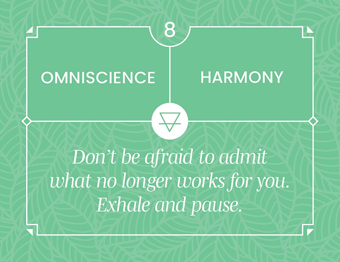 Lightness of Being Card Deck card featuring 'Omniscience' and 'Harmony' with a reflective quote about letting go.