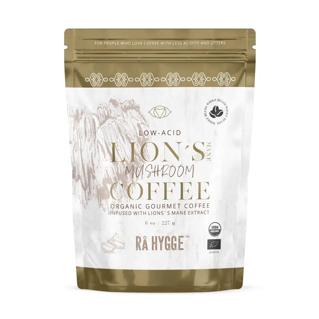 Package of Lion's Mushroom Coffee by RA Hygge on a white background