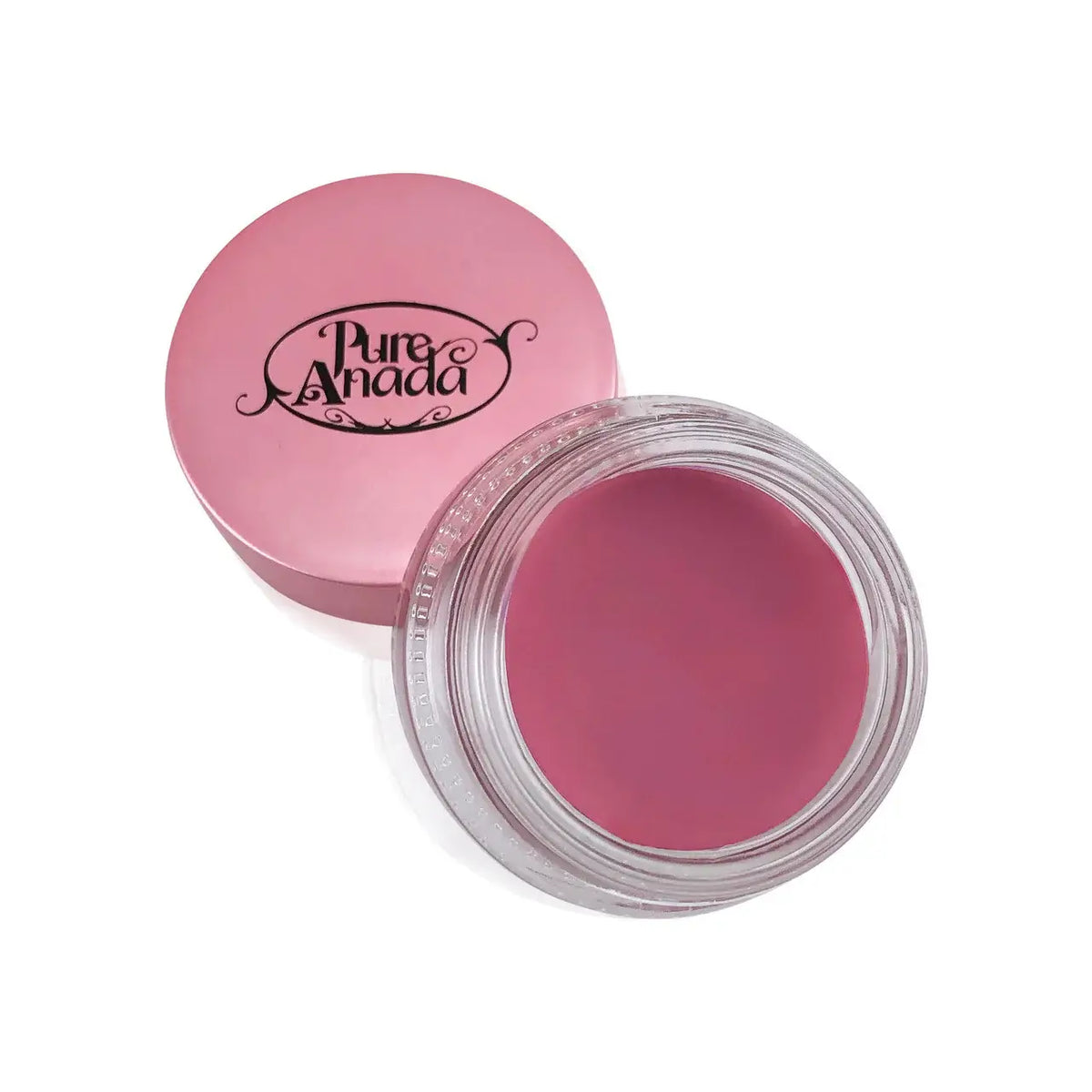 Maud Natural Lip & Cheek Rouge by Pure Anada in a clear jar showcasing a soft rose color perfect for a natural flush.