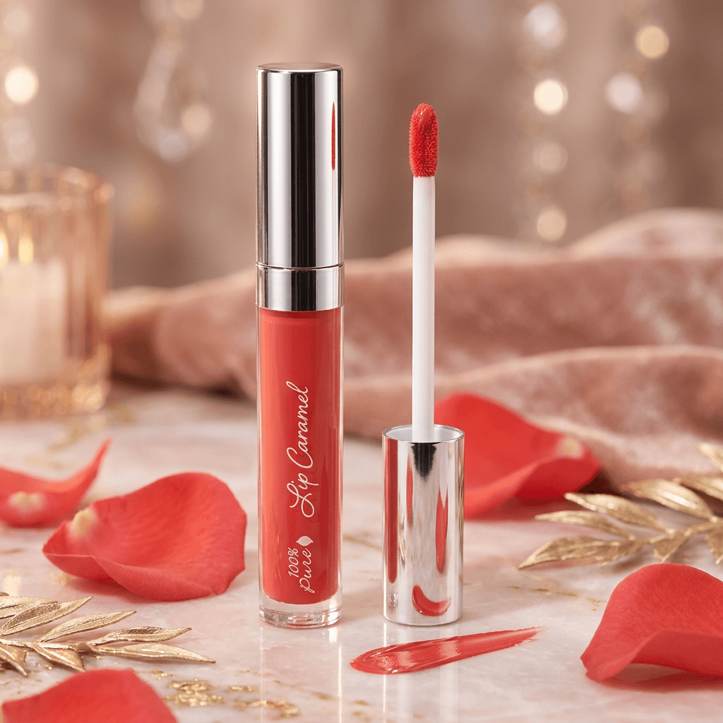 Lip caramel with applicator on a decorative surface with red petals and gold leaves