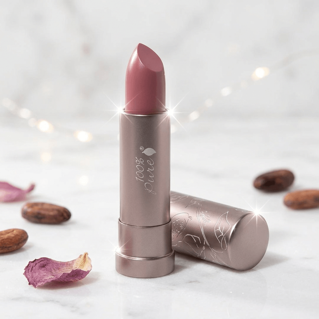 Lipstick with a brand logo on a light background with almonds and petals