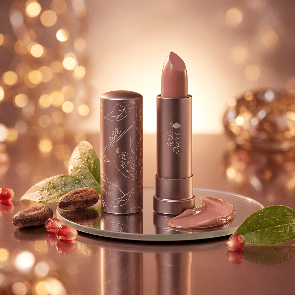 Lipstick and case on a reflective surface with decorative elements