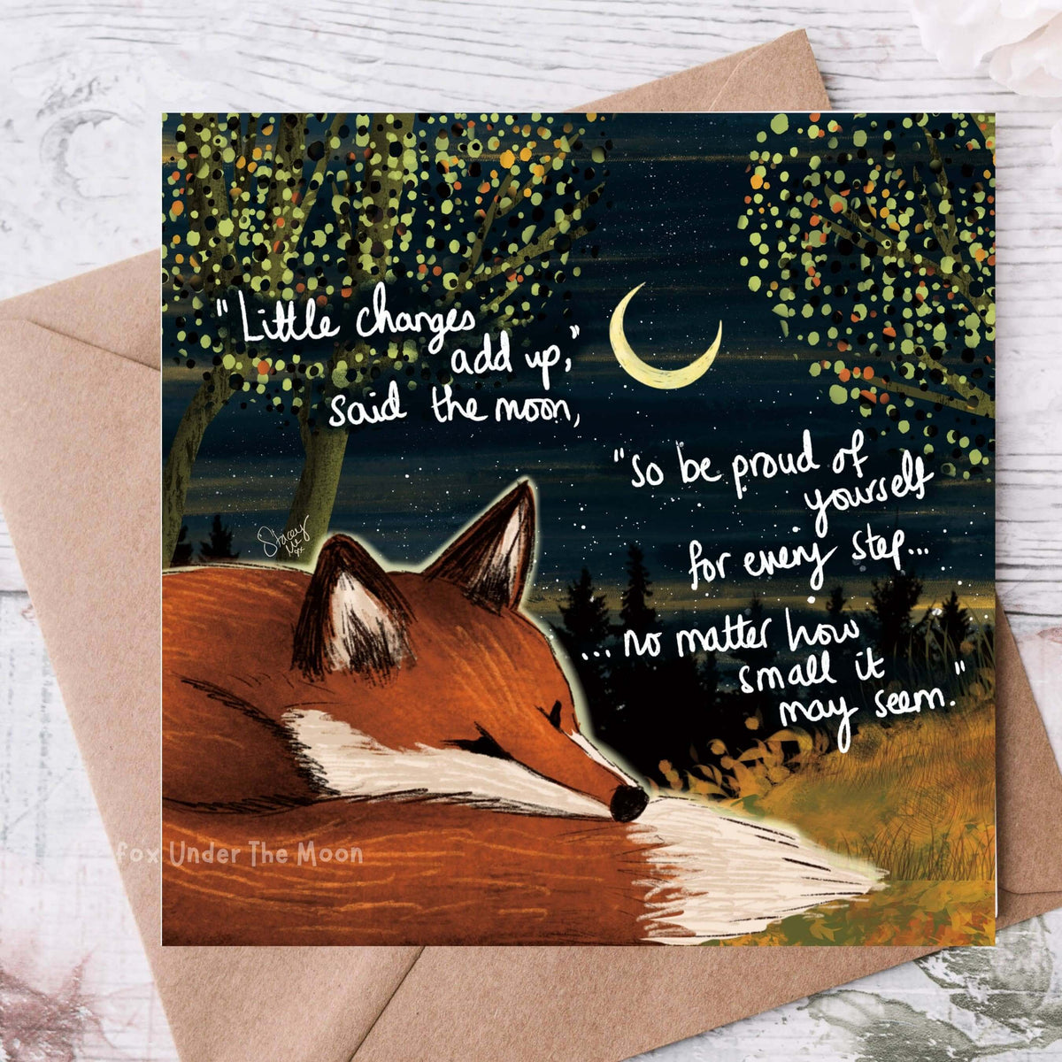 "Little Changes" - Greeting Card From Fox Under The Moon featuring a fox and motivational quote about progress.