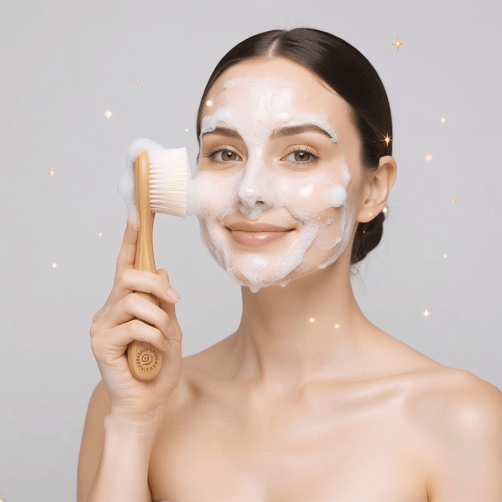 Woman with a facial mask holding a brush against a gray background
