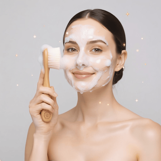 Woman with a facial mask holding a brush against a gray background