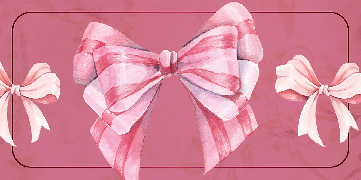 Love Affirmations Cards design featuring elegant pink striped bows on a soft pink background.