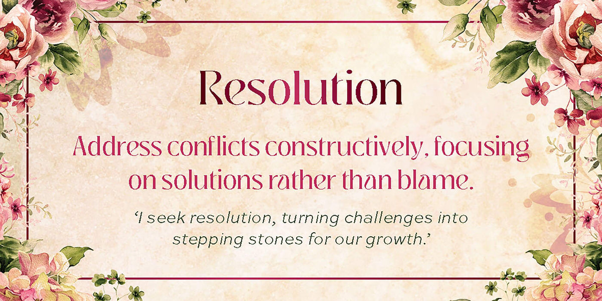 Resolution card emphasizing constructive conflict resolution and personal growth through positive affirmations.