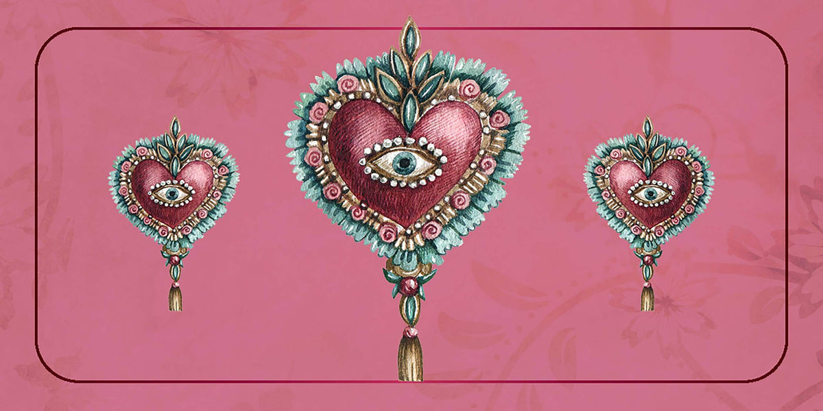 Love Affirmations Cards artistic design featuring heart motifs with eyes on a pink background.