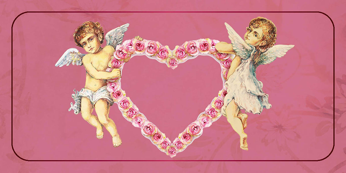 Love Affirmations Cards illustration featuring cherubs holding a heart made of roses on a pink background.