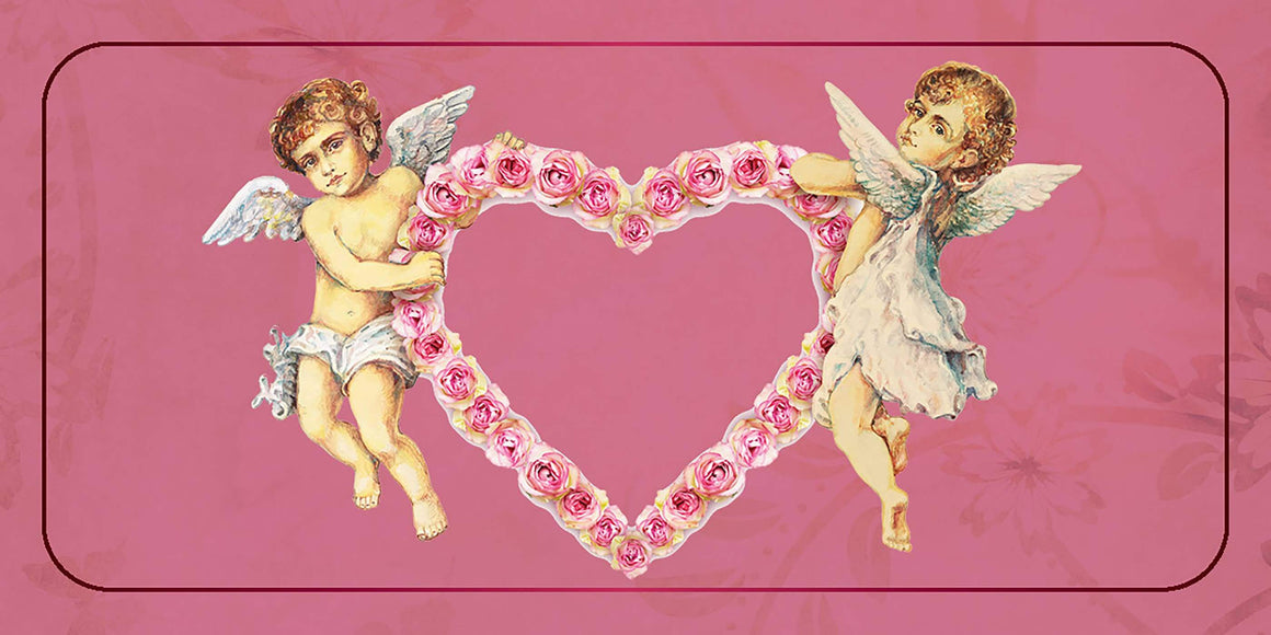 Love Affirmations Cards illustration featuring cherubs holding a heart made of roses on a pink background.