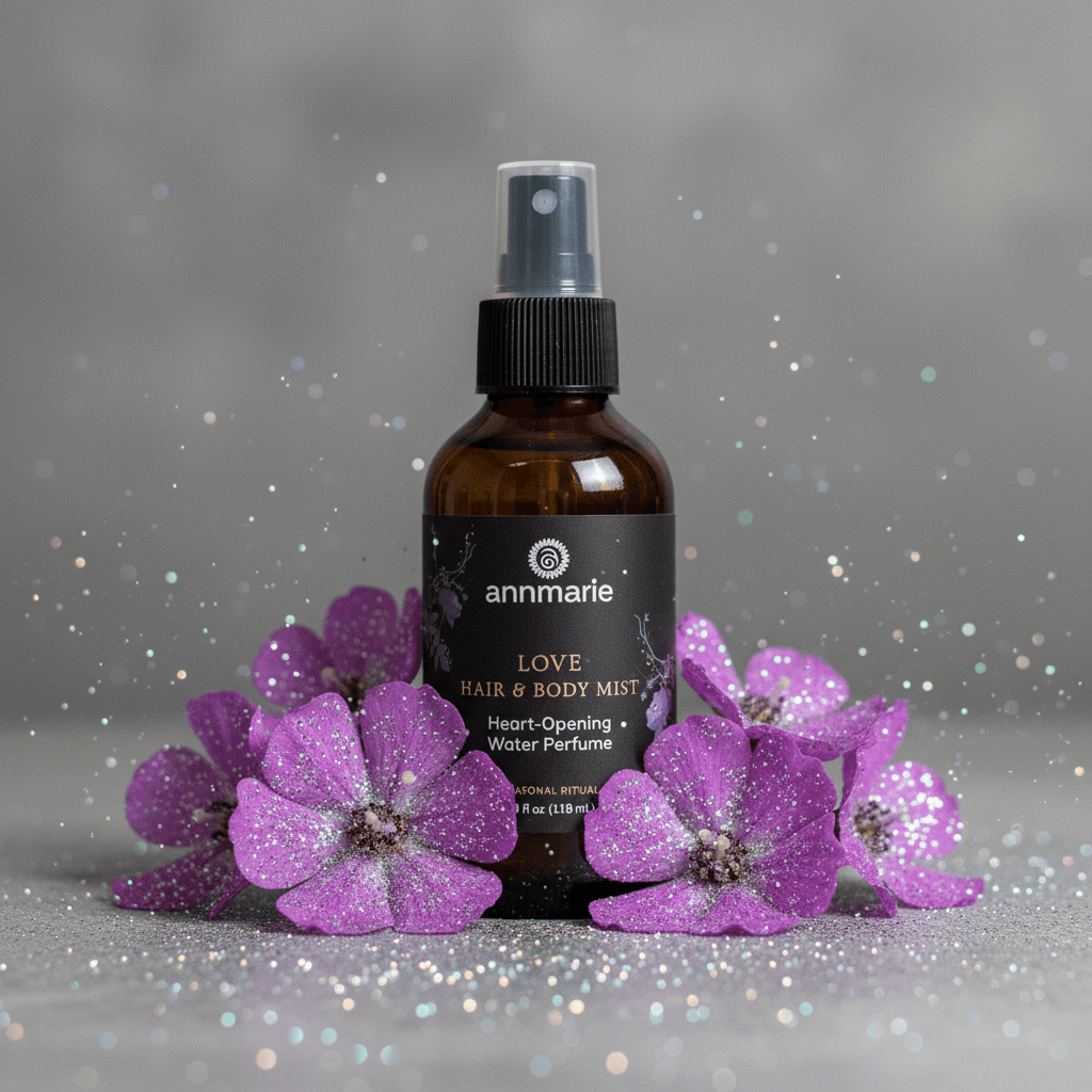 Brown bottle of 'annmarie' Love Hair & Body Mist with purple flowers on a gray background