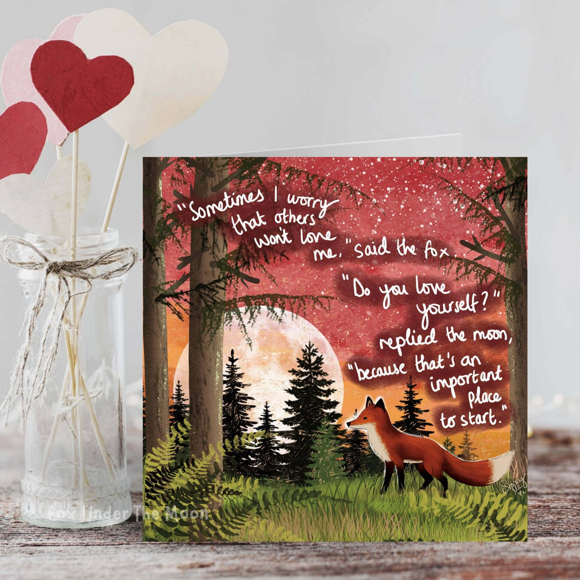"Love Yourself" - Greeting Card From Fox Under The Moon featuring a fox and moon illustration with an uplifting message.