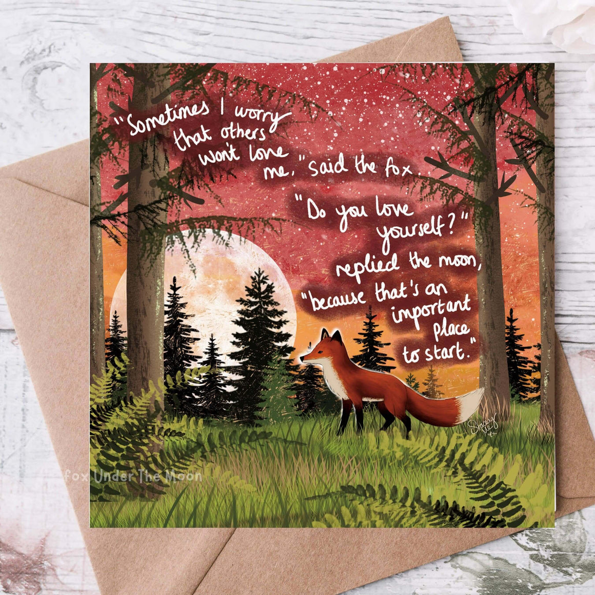 'Love Yourself' - Greeting Card From Fox Under The Moon featuring a fox and moon illustration with a self-love quote.