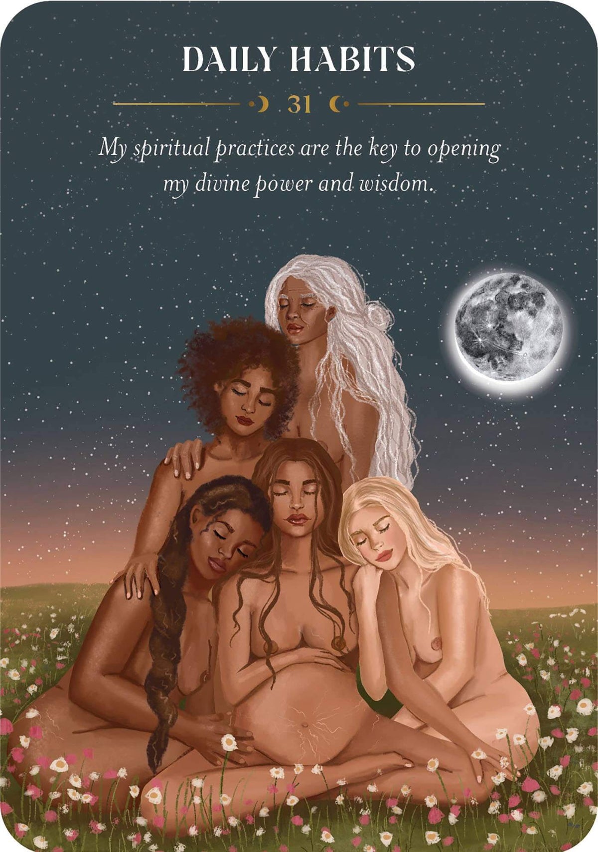 Four women sitting together in a field with a moonlit sky, labeled 'Daily Habits' and '31'.