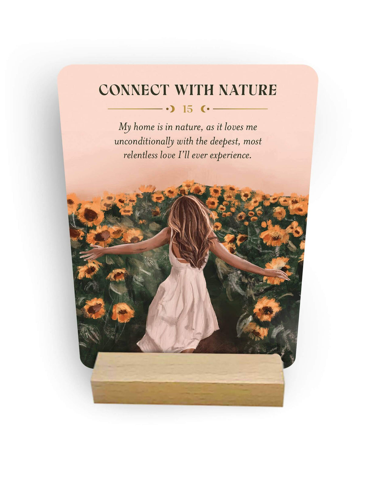 Card with a woman in a field of sunflowers and text about connecting with nature.