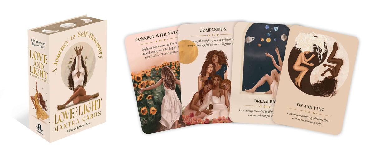 Set of tarot cards with a box labeled 'Love & Light' on a white background