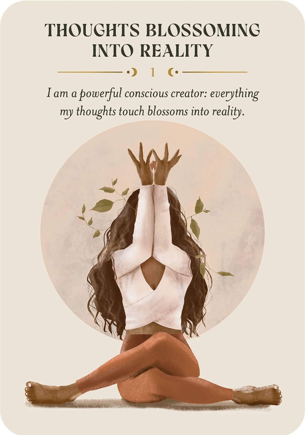 Illustration of a woman in a yoga pose with text about thoughts blossoming into reality on a beige background.
