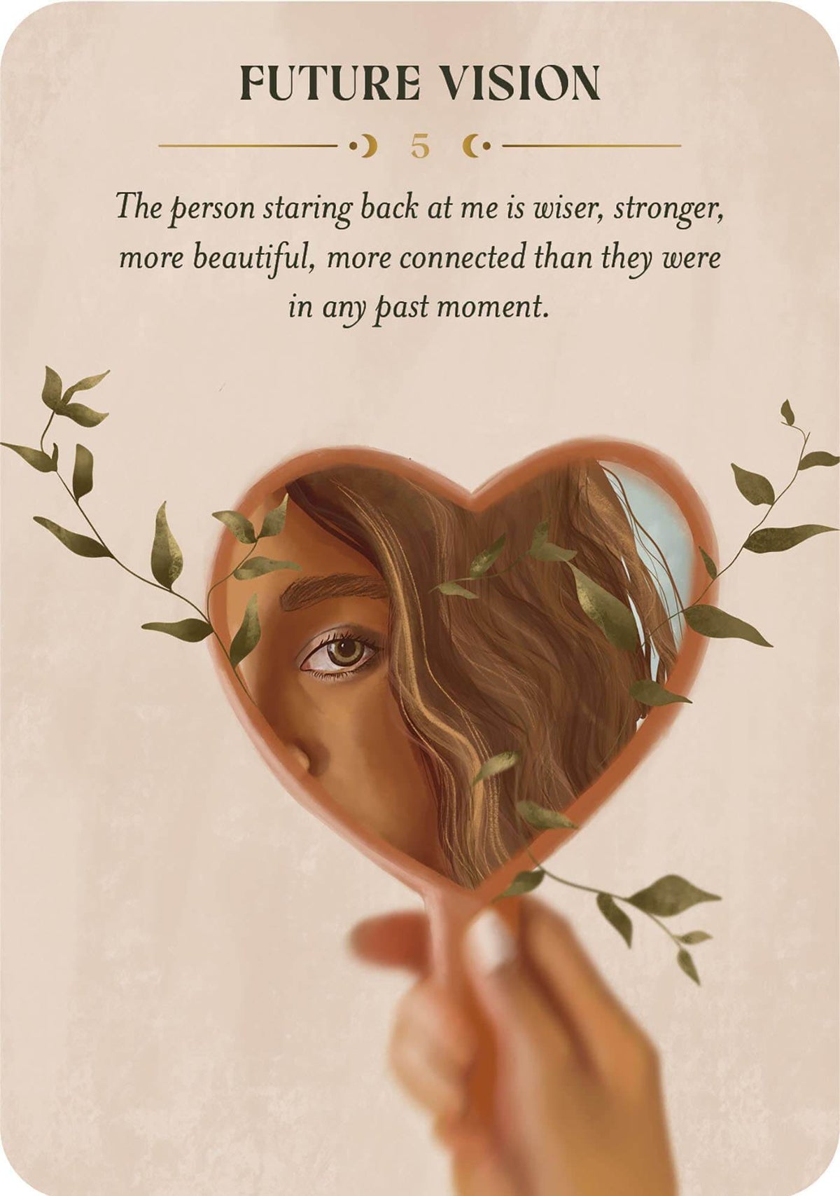 Card with a heart-shaped mirror reflecting a face, surrounded by leaves, on a beige background with text.