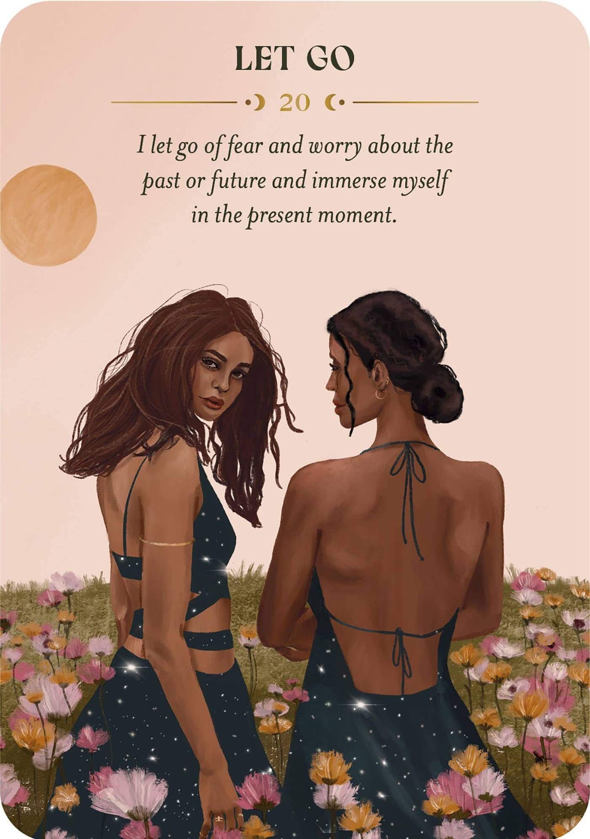 Two women standing in a field of flowers with text 'Let Go' on a beige background.