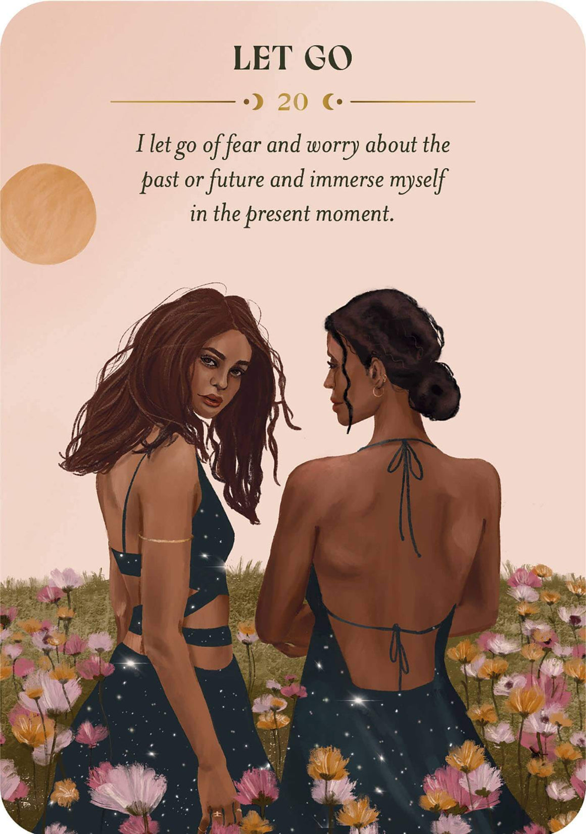 Two women standing in a field of flowers with text 'Let Go' on a beige background.
