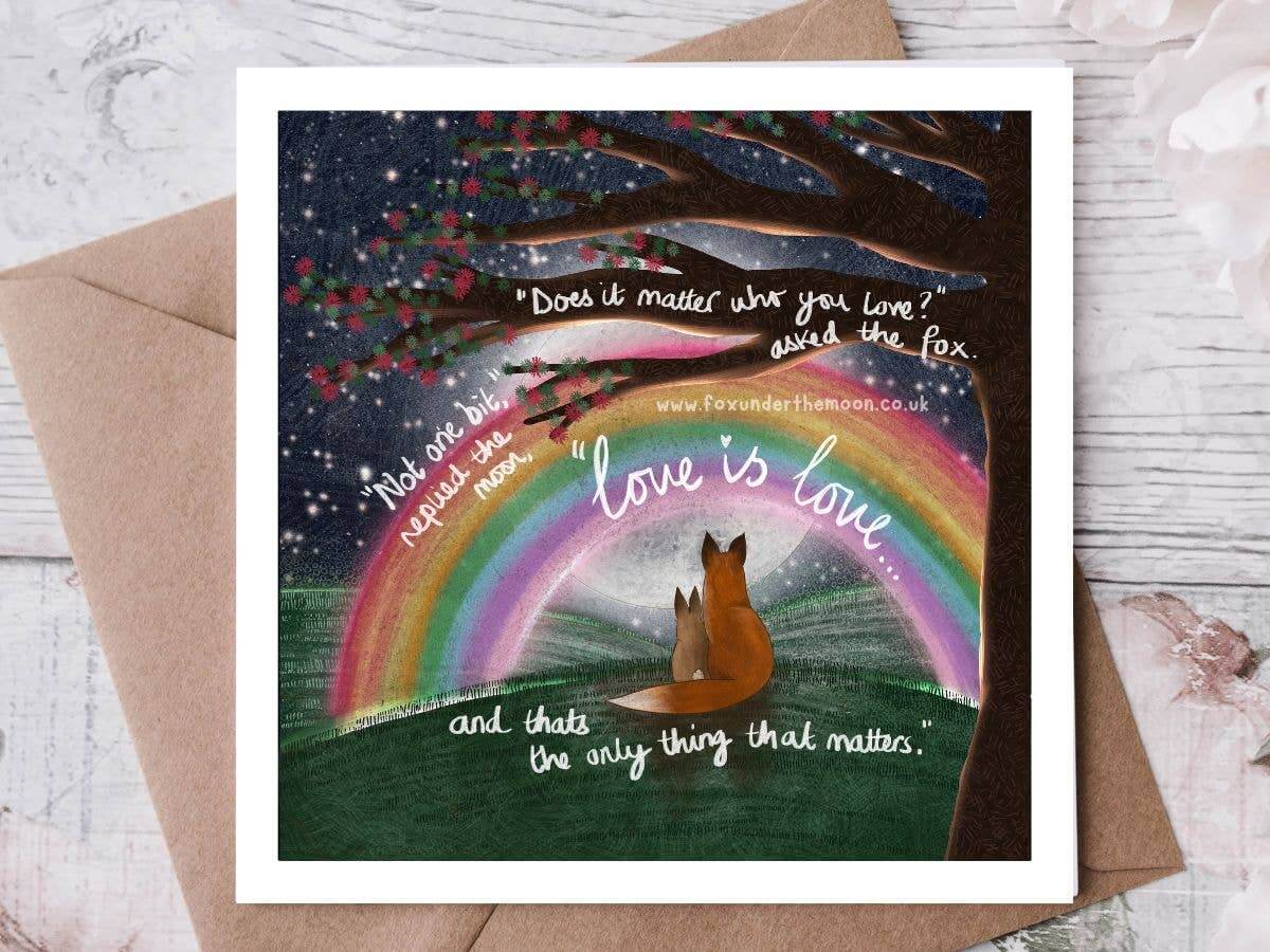 "Love is Love" Anniversary & Relationship Card Fox Under The Moon featuring a fox and rainbow.