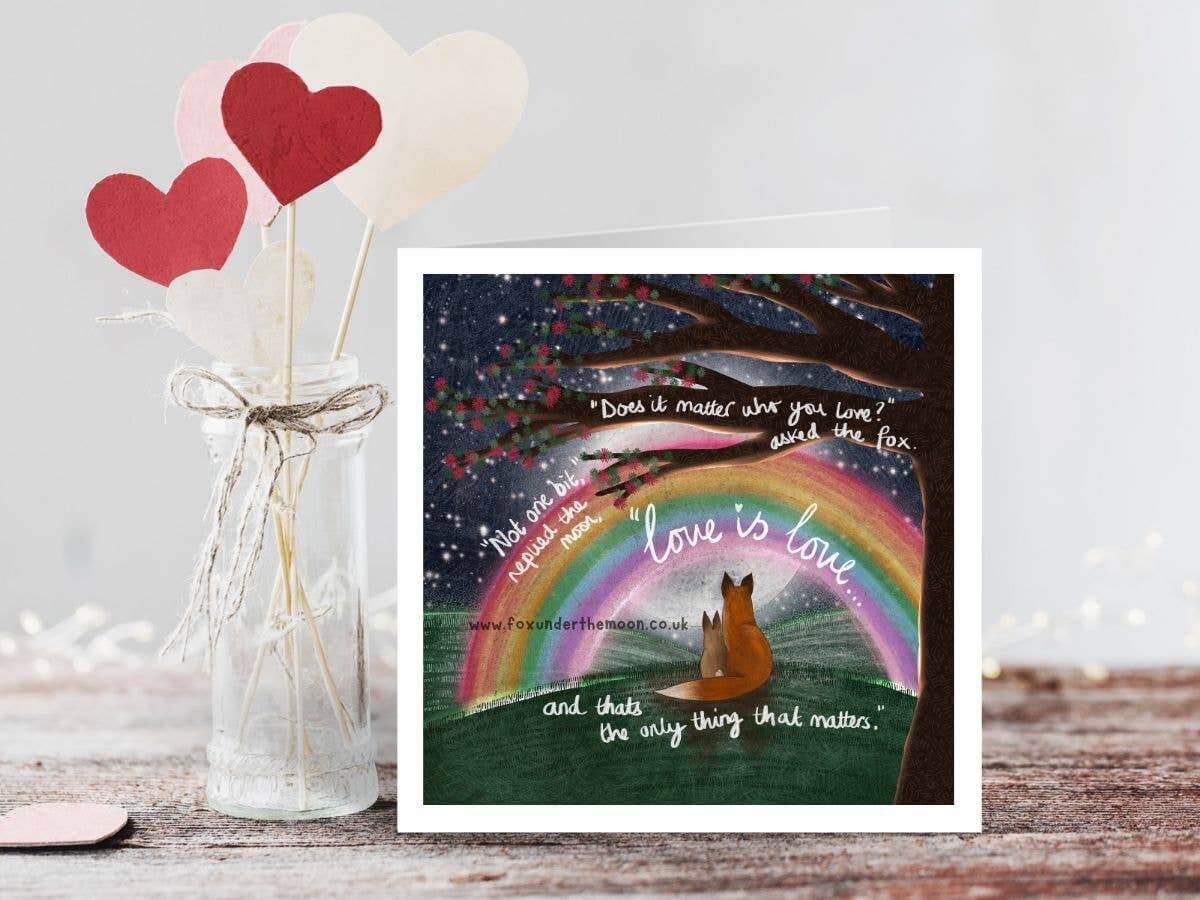 Love is Love Anniversary & Relationship Card Fox Under The Moon with fox and rainbow design.