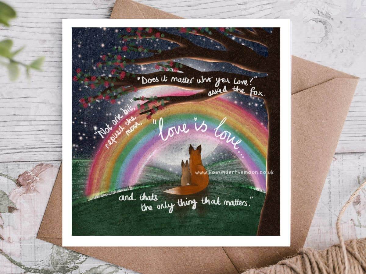 "Love is Love" Anniversary & Relationship Card Fox Under The Moon with a fox under a rainbow.