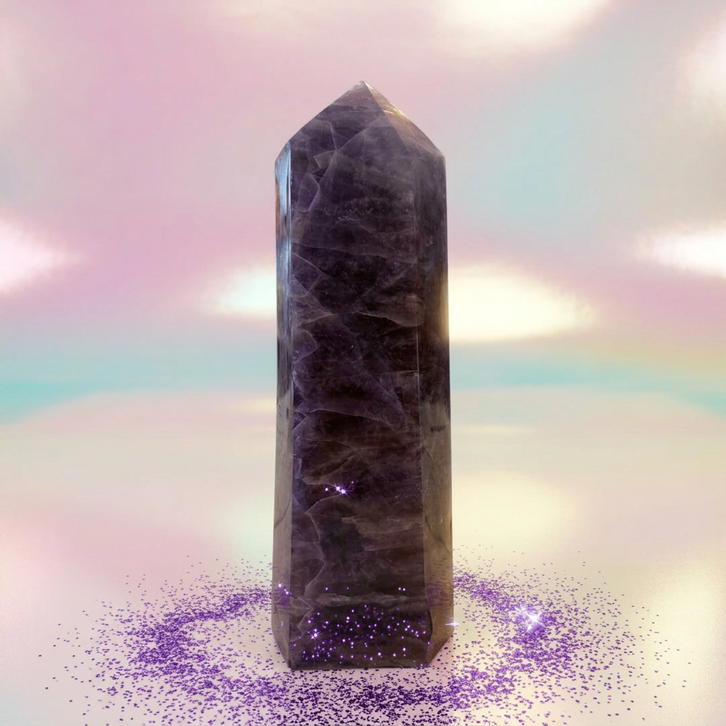 Madagascan Amethyst Crystal Prism showcasing its stunning purple hue and unique tower shape.