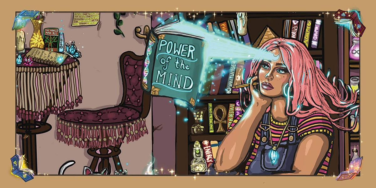 Magical Messages from the Universe featuring a woman with pink hair showcasing the 'Power of the Mind' book.