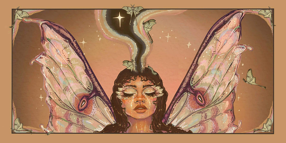 Magical Messages from the Universe card illustration featuring a woman with butterfly wings and a serene expression.