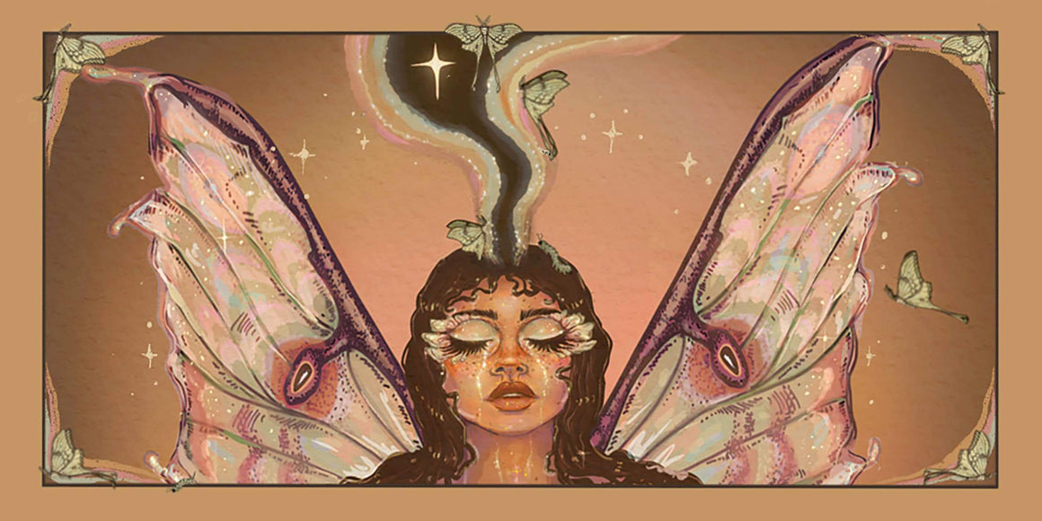 Magical Messages from the Universe card illustration featuring a woman with butterfly wings and a serene expression.