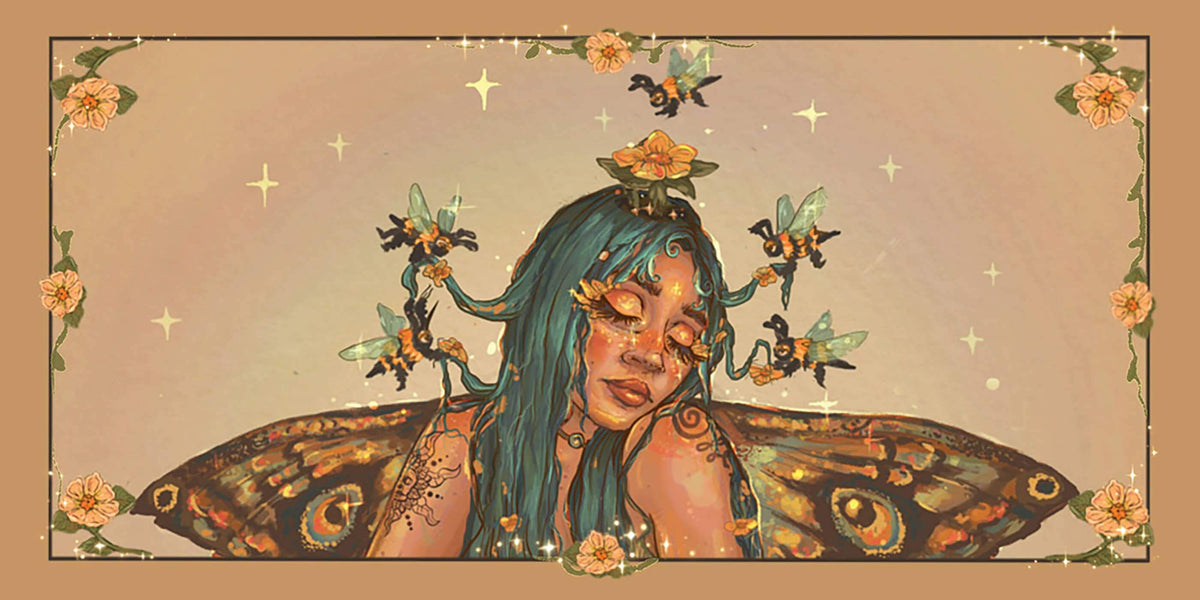 A magical, whimsical illustration of a woman with butterfly wings, surrounded by bees and flowers, embodying Magical Messages from the Universe.