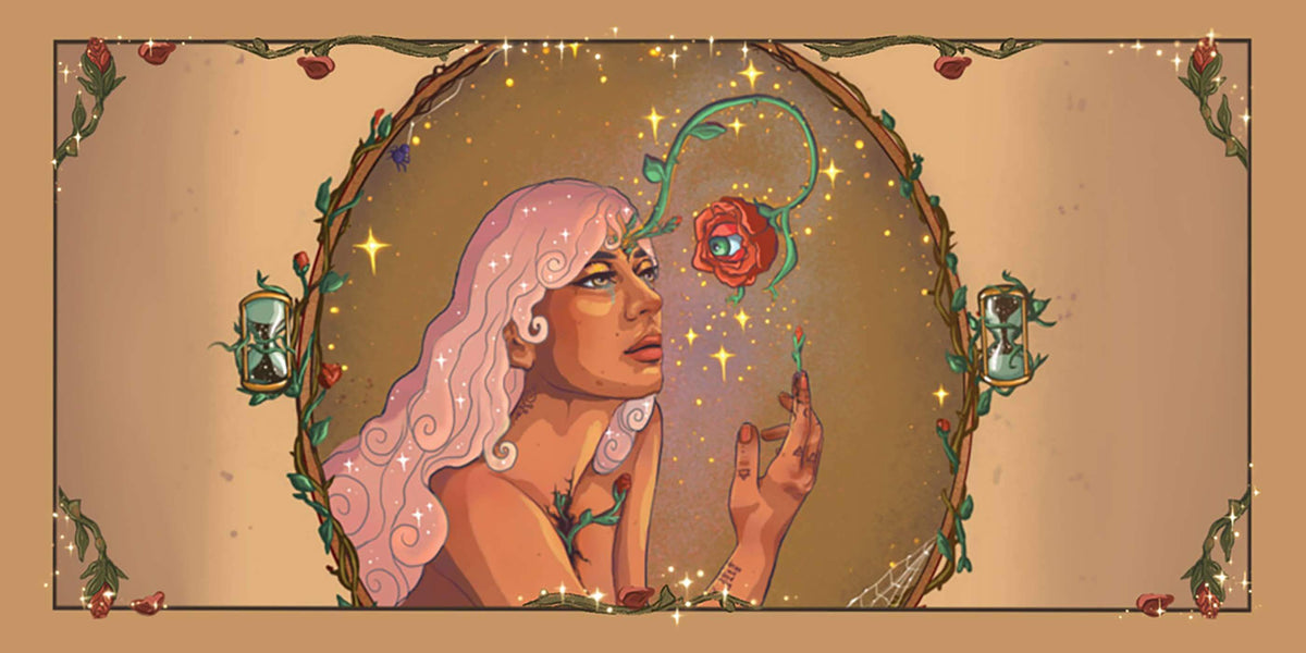 Magical Messages from the Universe card featuring an enchanting woman holding a glowing rose surrounded by sparkles.