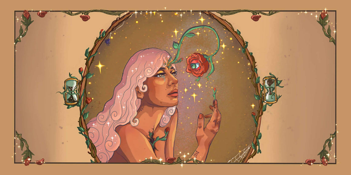 Magical Messages from the Universe card featuring an enchanting woman holding a glowing rose surrounded by sparkles.