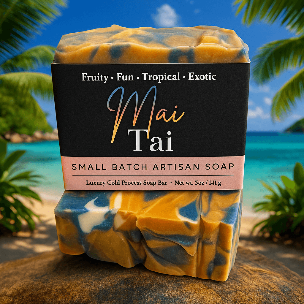Mai Tai Soap Bar - Soap Boutique, handcrafted artisan soap with tropical design on beach background.