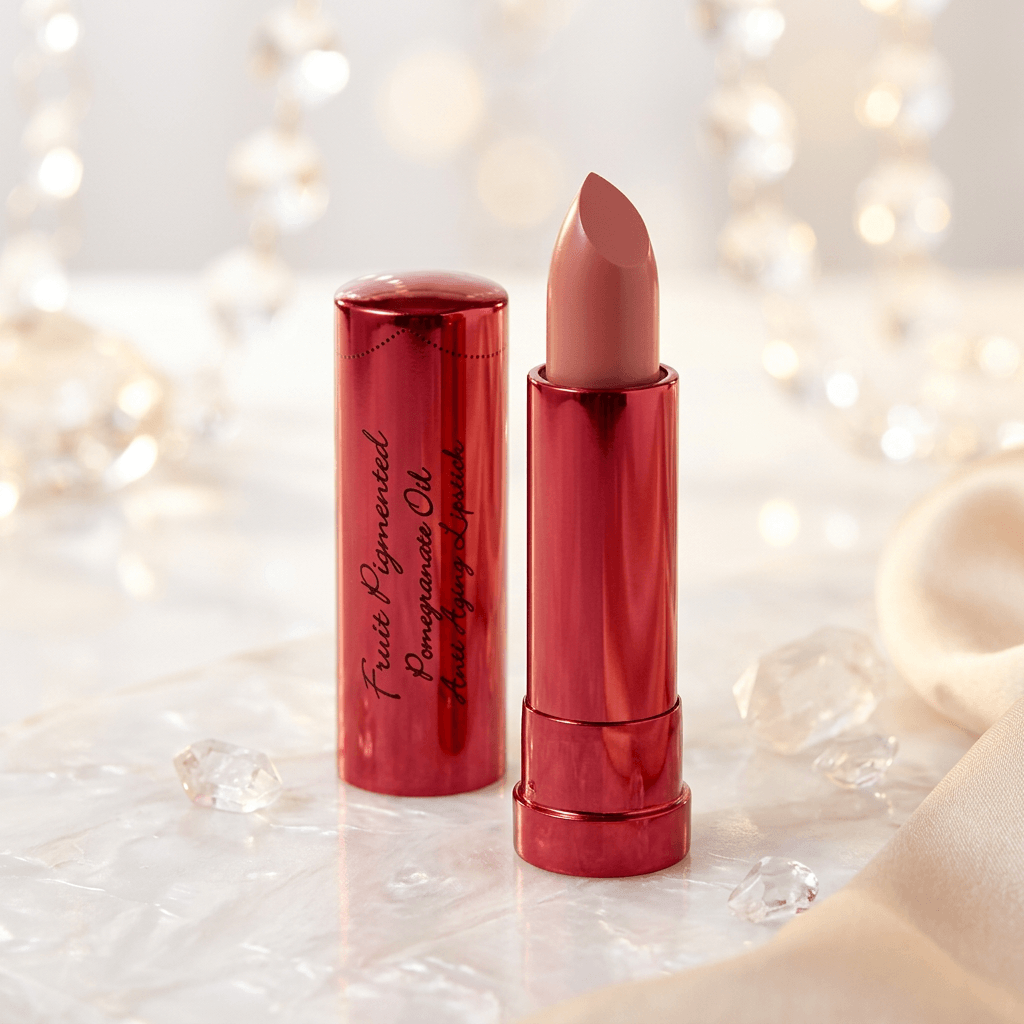 Lipstick with red casing and beige shade on a soft, blurred background