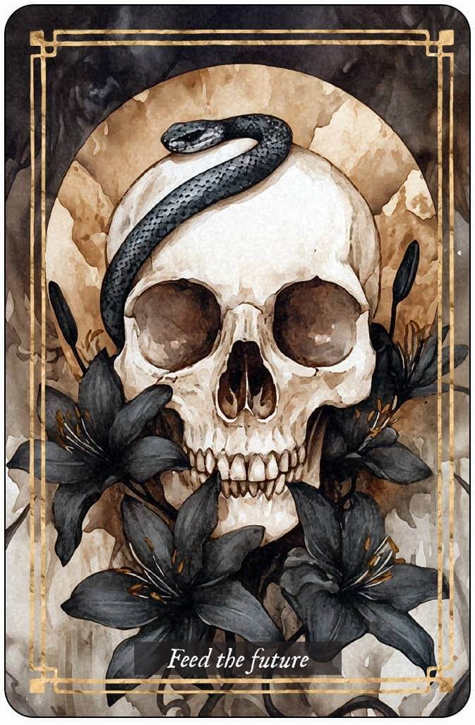 Memento Mori Cards featuring a skull with a snake and flowers, symbolizing mindfulness and life's fleeting moments.