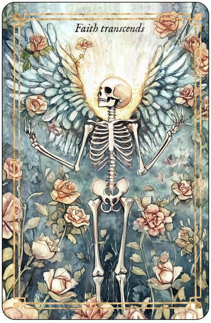 Memento Mori Cards featuring a skeleton with wings surrounded by flowers, symbolizing mindfulness and faith.