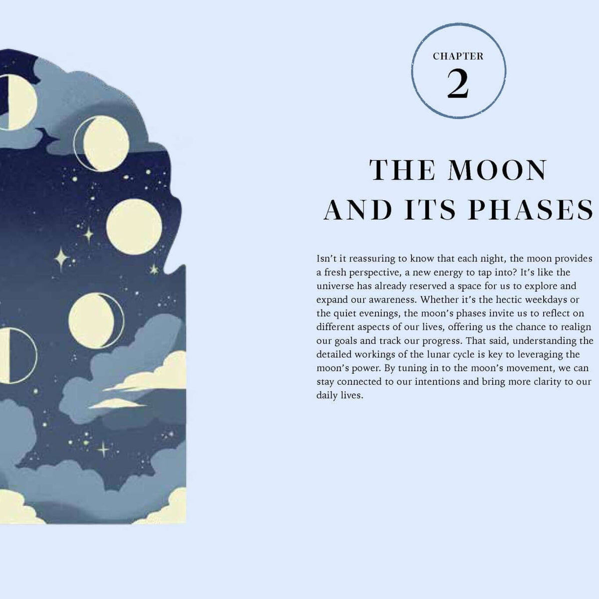 Illustration of moon phases on a blue background with text about the moon and its phases.