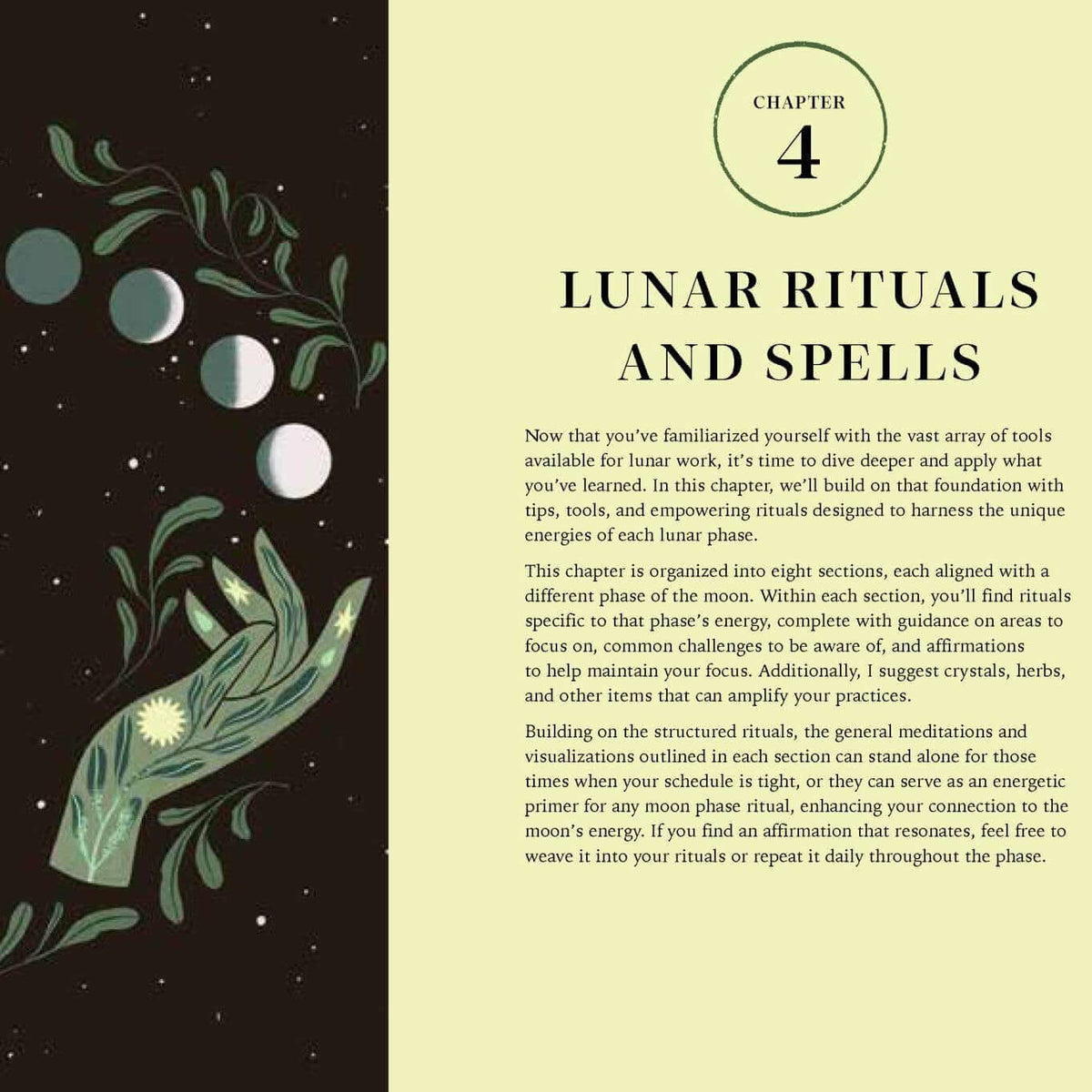 Book page with lunar phases and hands holding candles against a dark background, text on the right about lunar rituals and spells.