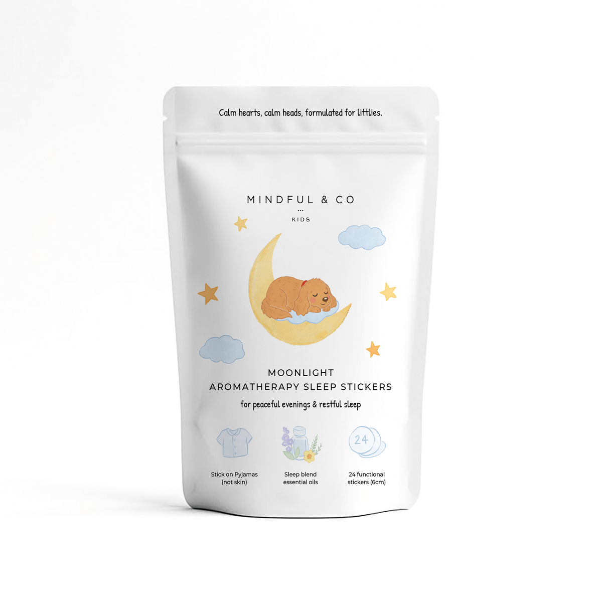 Moonlight Aromatherapy Sleep Stickers for kids in a pouch with cute illustrations promoting bedtime relaxation.
