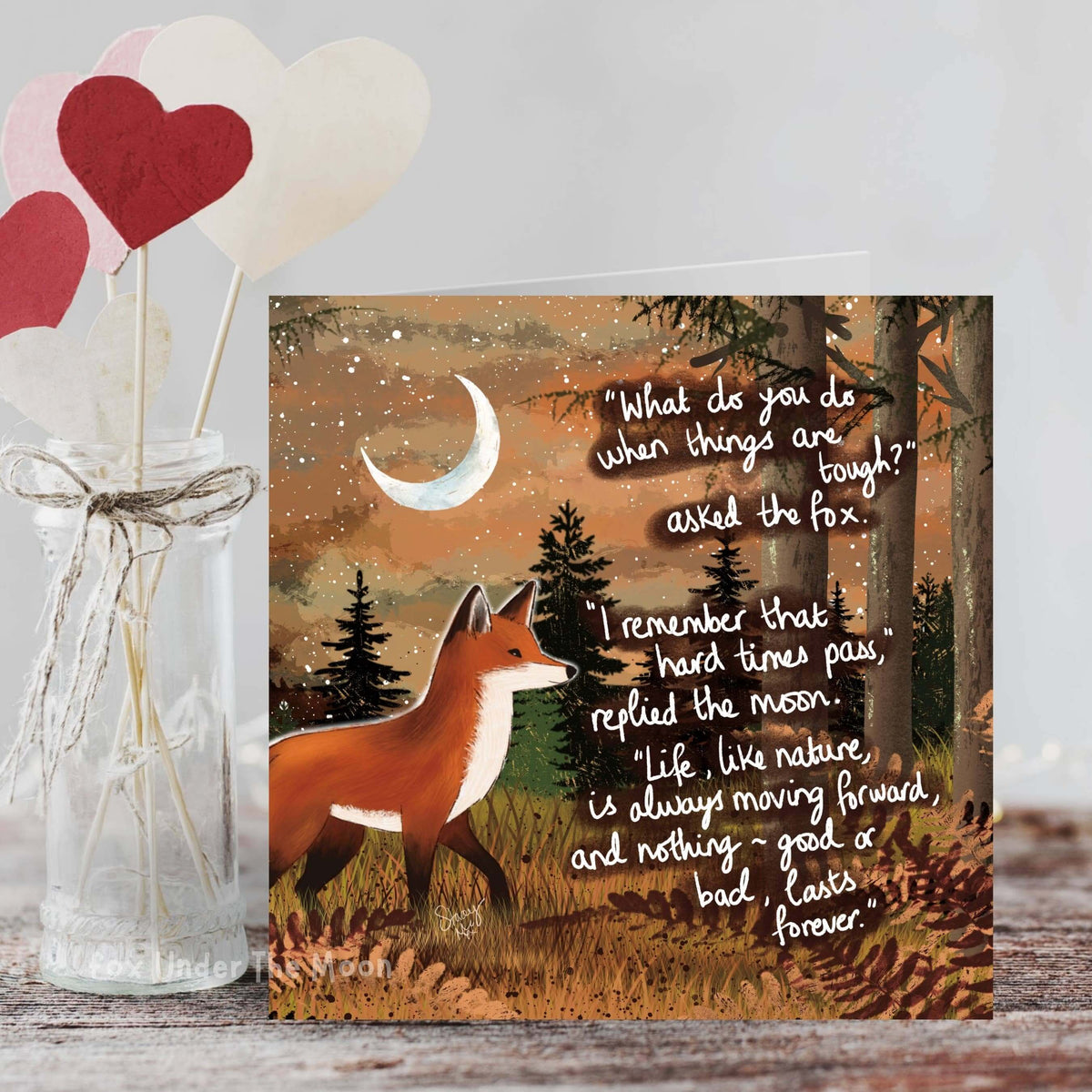 "Moving Forward" - Greeting Card From Fox Under The Moon with a fox and inspirational quote in nature setting.