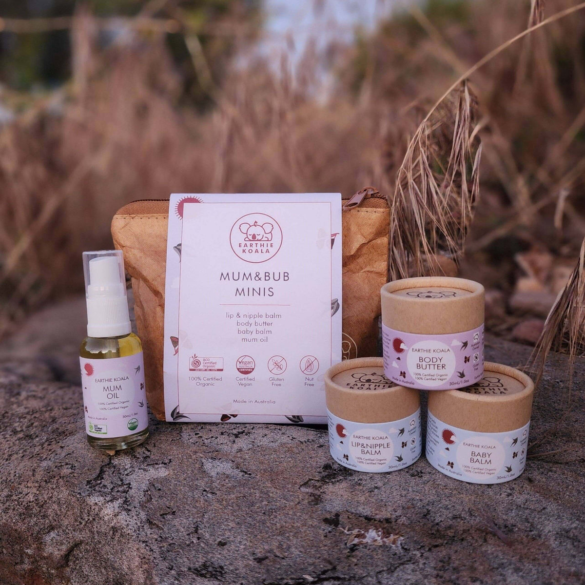 Mum and Bub Minis - Earthie Koala skincare set featuring body butter, lip balm, and mum oil, perfect for pregnancy and postpartum care.