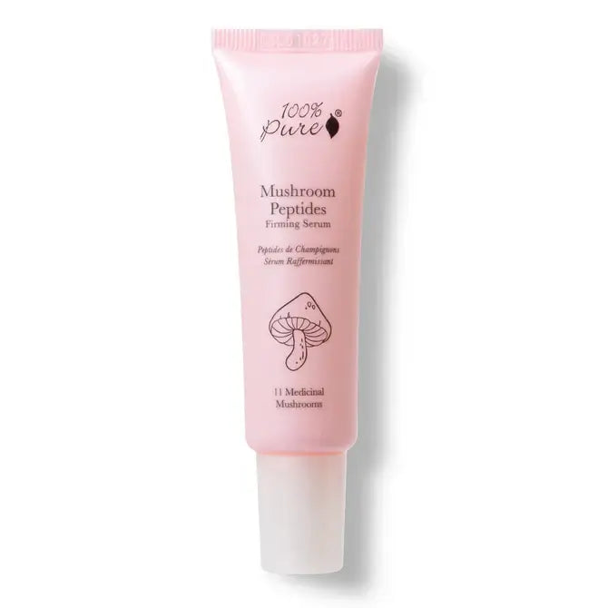 Mushroom Peptide Serum by 100% Pure in a pink tube for hydration and firming with 11 medicinal mushrooms.